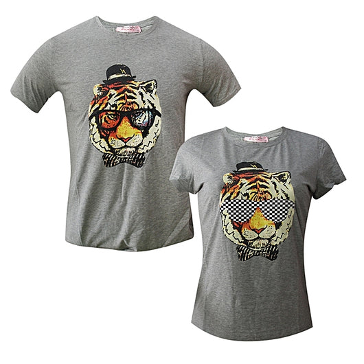 Family Wear Couple Round Neck T-Shirt Set - Grey - Tonopreko