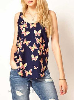 Feminine Tank Top - Navy Blue , Butterfly Print - Tonopreko